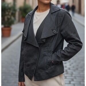 Cabi Sz L Coated Linen Jacket Black Waxed Moto Biker 100% Linen Quiet Luxury